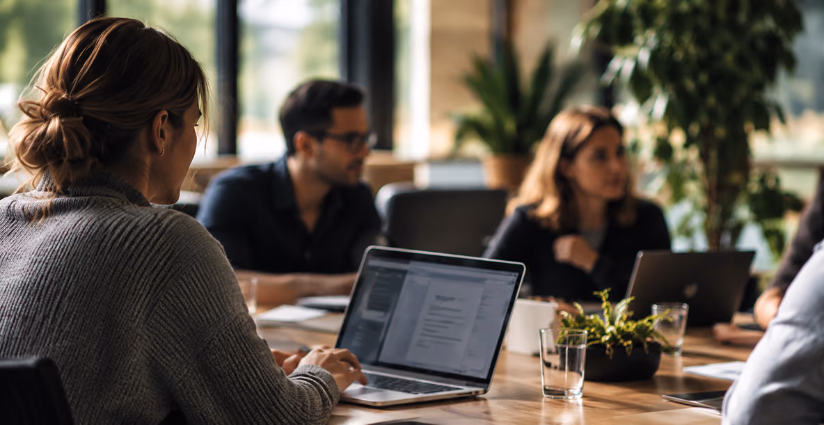 A team meeting around a table in a sunlit office